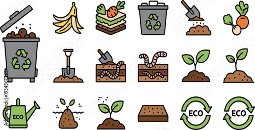 Composting and Organic Waste Recycling Icon Set with Food Scraps Soil Fertilizer Worms and Eco Sustainability Flat Vector Collection