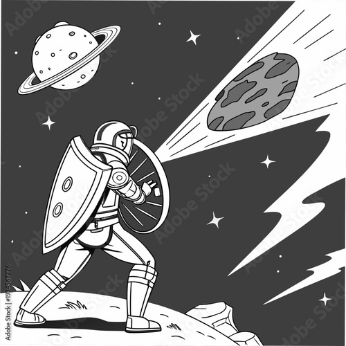 Astronaut in protective suit blocks incoming asteroid with shield, near Saturn in outer space.