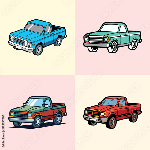 Four pickup trucks in different colors vector illustration, flat design graphic