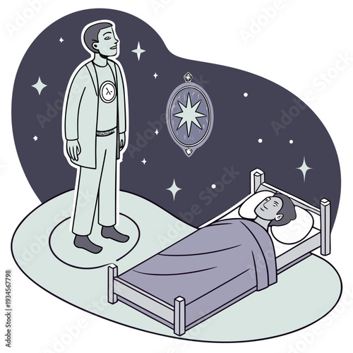 Man in light-colored suit stands in starry night, contemplating a compass-like object, lucid dream.