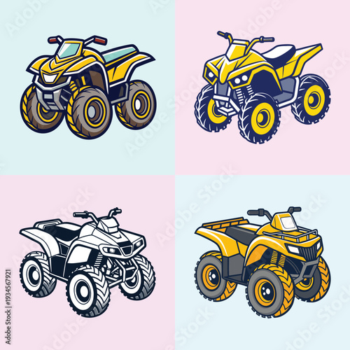 Four colorful quad bikes vector illustration, flat design, side views