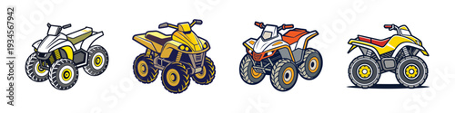 Four quad bikes in different colors vector illustration, flat design