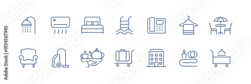 Set of hotel line icons. Spa, breakfast, swimming pool, telephone, lunch, cleaning. Editable stroke