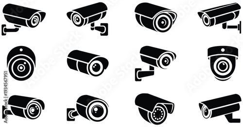 Twelve solid black security camera vector icons representing surveillance, monitoring, CCTV systems, safety, and professional design for security, building monitoring, and digital illustration project