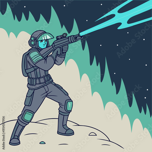 Futuristic Soldier Firing a Laser Rifle on an Alien Planet Under a Starry Night Sky