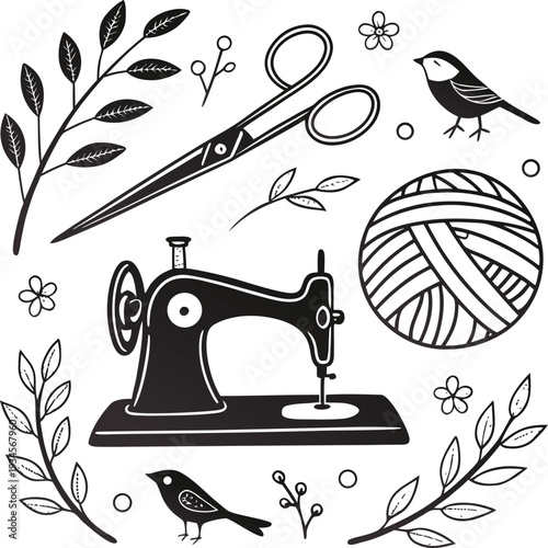Black and white illustration featuring sewing tools birds and floral elements