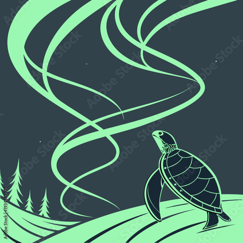 Sea Turtle Under the Aurora Borealis and Starry Night Sky in a Stylized Landscape