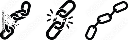 Broken and connected chain link icon set with strength symbol isolated vector collection.Weakness, broken chain links icon vector. failure, vulnerability, needing repair symbol. vector illustration.