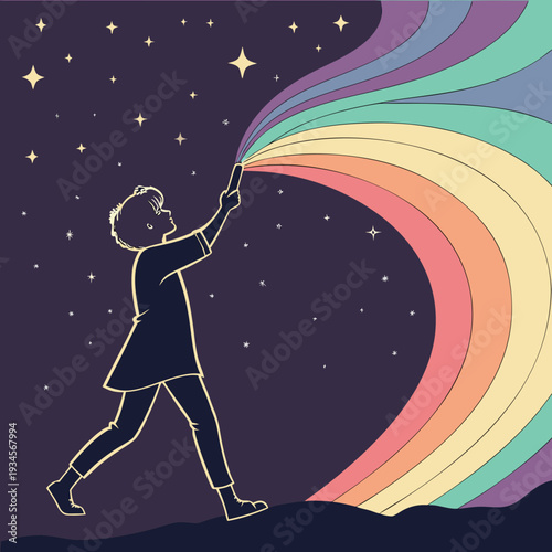 Silhouette of a Person Holding a Bright Palette of Rainbow Colors Against a Starry Night Sky