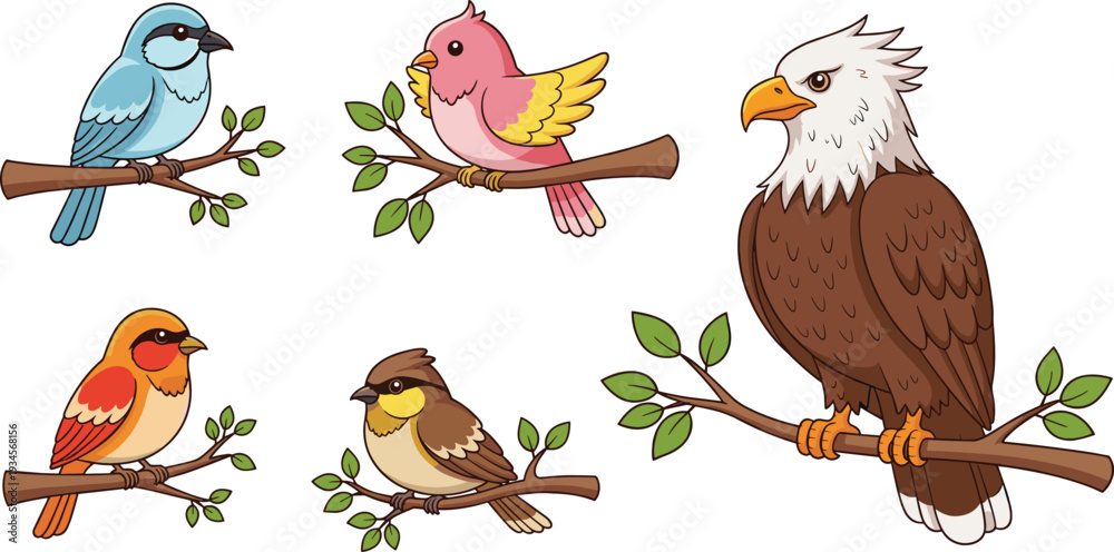Obraz premium Cute Cartoon Birds Collection with Eagle Robin Sparrow and Colorful Songbirds Sitting on Tree Branches Flat Vector Illustration Set.