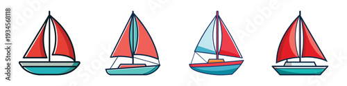 Four colorful sailboats on water vector illustration, flat design sailing boats