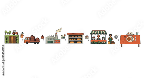 A flat lay illustration of various colorful icons and objects, including gifts, a truck, buildings, and a life preserver, arranged horizontally against a clean white background.