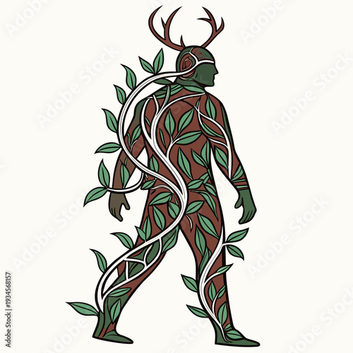 Man covered in leaves and vines with antlers, representing nature's embodiment