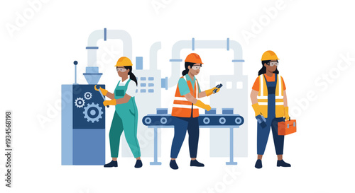 Three industrial workers in safety gear standing in a factory with machinery and a conveyor belt, with a clean and organized background.