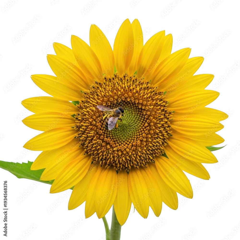 Obraz premium Busy bee collecting pollen from a bright yellow sunflower