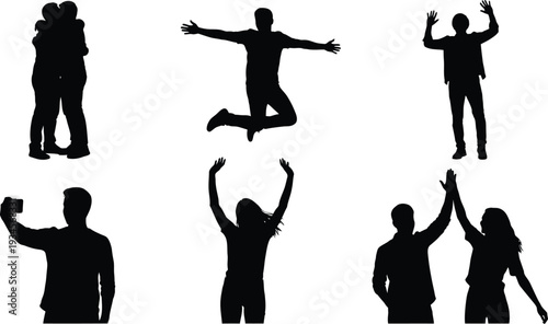 Black silhouettes of people in various poses and actions on white background