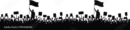 Protest crowd silhouette banner, people with placards and flags demonstration rally black vector illustration isolated on white background