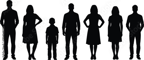 Seven people standing in a row silhouettes on white background for design