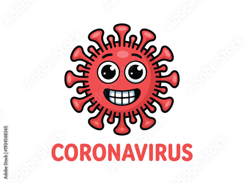 Cartoon coronavirus cell with a wide smile shows a friendly and approachable depiction of the.