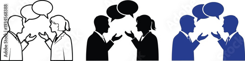 Business people talking to each other with speech bubbles in different colors and styles
