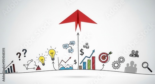 Red paper airplane flying upwards, accompanied by hand-drawn business icons. Illustrates strategic planning, innovation, and growth.