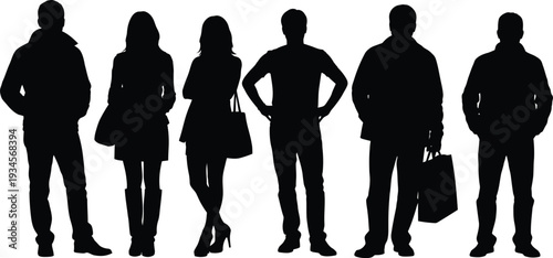 Group of people standing in a line silhouetted against a white background