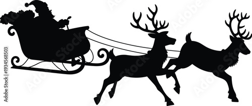 Santa Claus sleigh silhouette pulled by two reindeer representing Christmas Eve flight holiday tradition winter magic and festive celebration