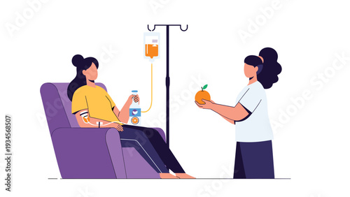 Healthcare professional offering a fresh orange to a patient sitting in a comfortable chair receiving intravenous therapy.