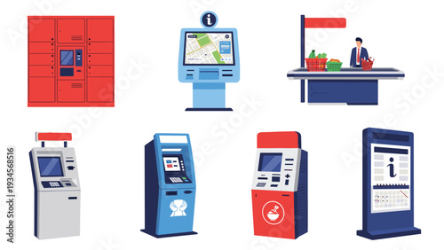 Collection of modern automated self-service kiosks including ATMs, information terminals, and grocery store checkout counters.