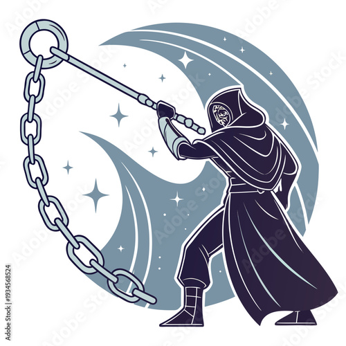 Mysterious hooded figure with a flail weapon in a stylized cosmic setting, dark fantasy vector illustration for games, comics, or graphic novels.