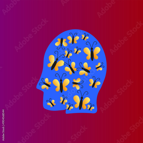 Blue head silhouette filled with yellow butterflies on a gradient background. Artwork symbolizes unconventional creativity and imagination.