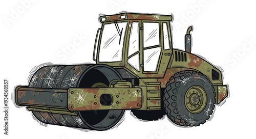 Camouflage steamroller, road construction vehicle illustration