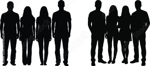Black silhouettes of people standing in two groups on white background