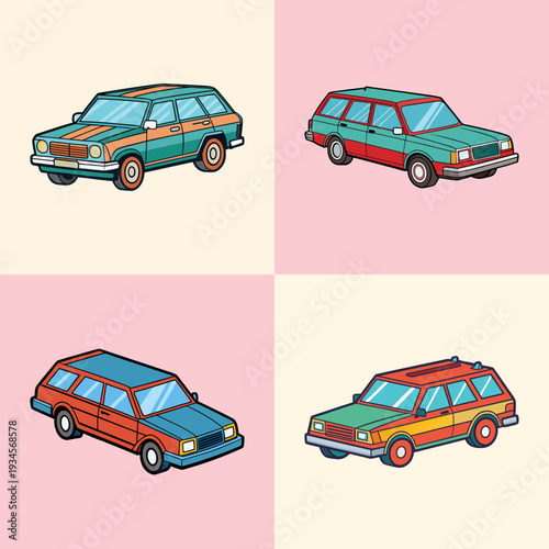 Colorful station wagon cars in different designs and backgrounds vector illustration