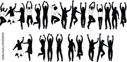 Jumping people silhouette set, happy men and women celebrating success with raised hands black vector illustration isolated