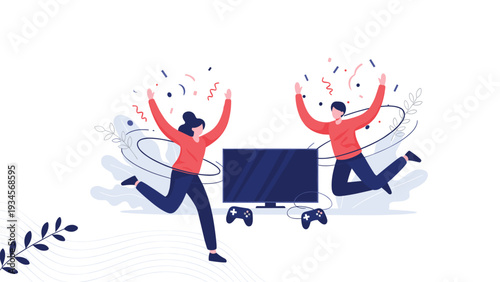 Excited young man and woman jumping for joy in front of a television while celebrating a victory in a video game.