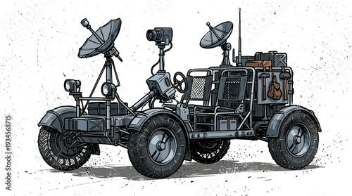 Futuristic lunar rover with satellite dishes and camera