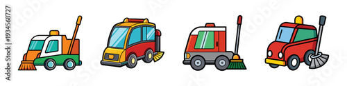 colorful street sweeper trucks in different designs vector illustration