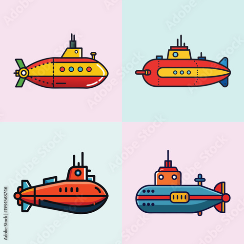 colorful submarine vector illustration set, flat design style, ocean vehicles