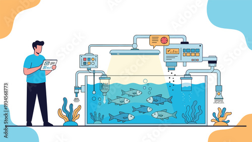 Technical specialist monitoring an advanced automated indoor fish farm using a tablet for aquaculture management.