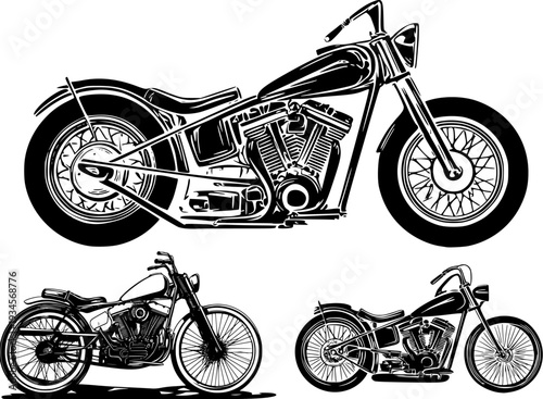 Vintage bike racing collection. Set of black and white graphic illustrations of a motorcycle, vintage chopper motorcycle