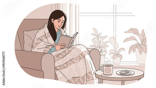Relaxed young woman wrapped in a warm blanket reading an interesting book while sitting in a cozy armchair at home.
