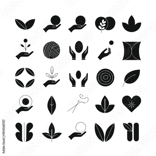 Collection of diverse black silhouette icons representing nature and nurturing