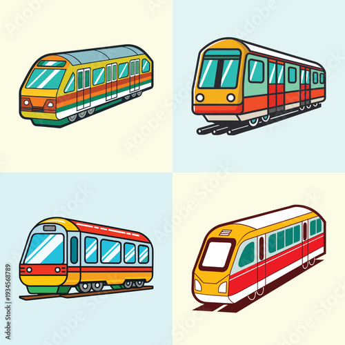 Colorful subway train vector illustration set, flat design graphics