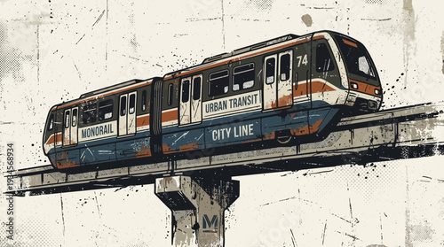 Monorail train on elevated track, urban transit illustration