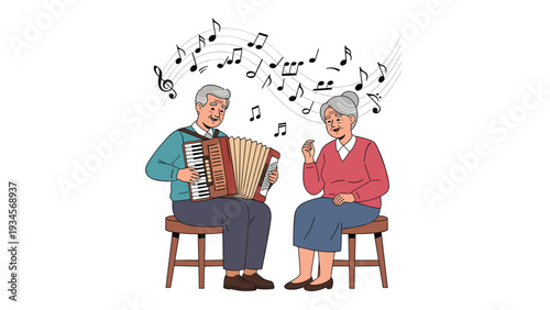 Senior man playing a piano accordion while an elderly woman sings with musical notes drifting through the air together.