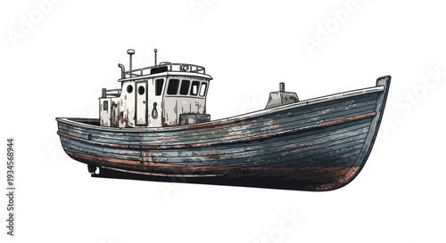 Old fishing boat, weathered, abandoned, isolated on white background