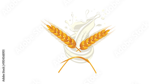Pair of crossed golden wheat ears with a refreshing splash of milk in the background representing healthy grain products.