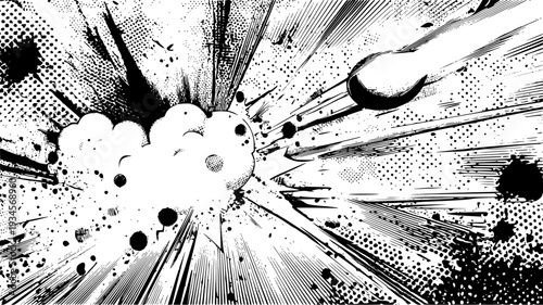 Comic explosion with halftone and speed lines. Explosive black ink splatter comic blast background with dynamic radial speed lines