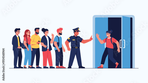 Security guard managing a line of people while a cheerful female student enters through a set of blue double doors.